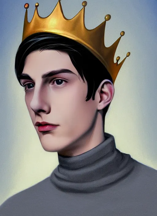 Image similar to portrait of teenage jughead jones wearing a light grey crown, crown, blue turtleneck, 1 9 5 0 s, closed eyes, photorealistic, black hair, glowing lighting, intricate, elegant, glowing lights, highly detailed, digital painting, artstation, concept art, smooth, sharp focus, illustration, art by wlop, mars ravelo and greg rutkowski