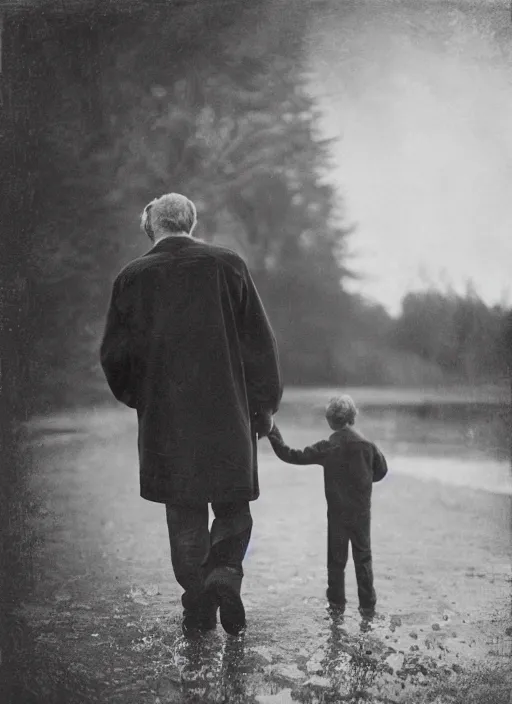 Prompt: kodak portra 4 0 0 wet plate photo image of a father how meet her son for the last time photorealistic cinematic light