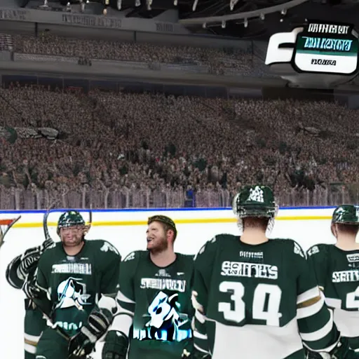 Image similar to Michigan state ice hockey wins national championship in NHL 22 video game, team picture, rendered in unreal engine