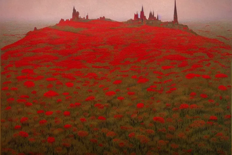 Image similar to only with red, red flowers of different types, a castle in the background, red orcs and trolls dance over the flowers, in the style of beksinski, part by hopper, part by rodcenko, part by hofbauer, intricate composition, red by caravaggio, insanely quality, highly detailed, masterpiece, red light, artstation