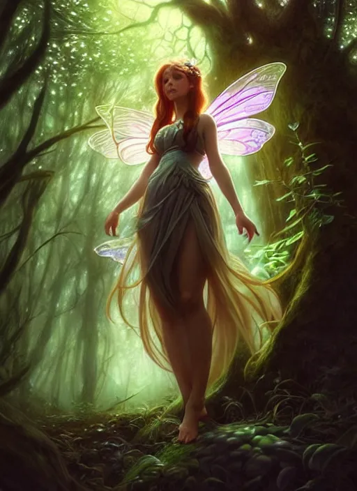 Image similar to full body picture of a fairy in the magical forest, looking at the camera curiously, glowing hair, dramatic pose, beautiful and aesthetic, intricate, highly detailed, detailed face, smooth, sharp focus, chiaroscuro, artgerm, greg rutkowski, ilya kuvshinov, rossdraws, alphonse mucha, fantasy light novel cover art