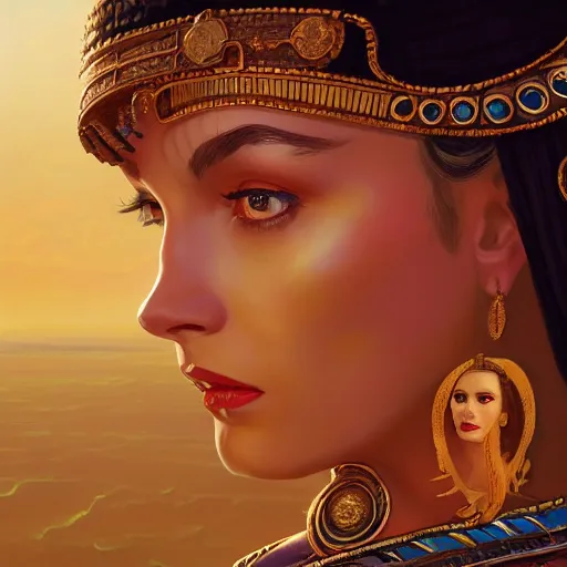 Image similar to closeup portrait of a young vivian leigh as cleopatra, palace background, dramatic light, gorgeous view, depth, high detail, digital art, painted by greg rutkowski, trending on artstation