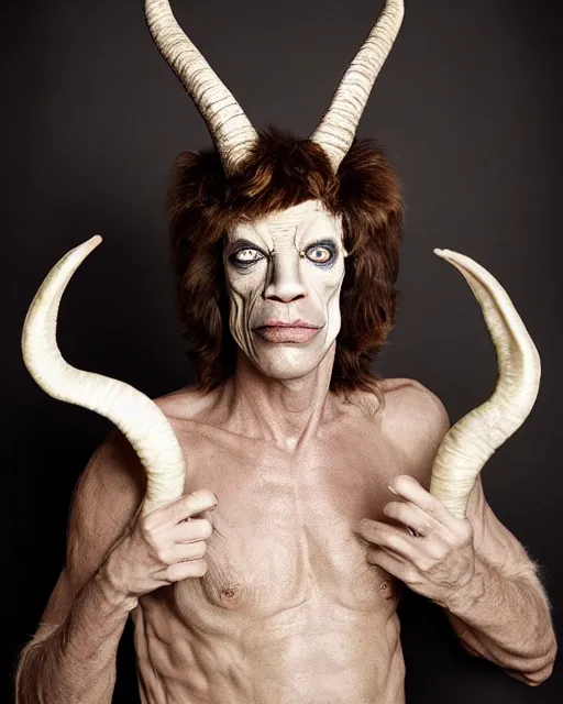 Image similar to actor Mick Jagger in Elaborate Pan Satyr Goat Man Makeup and prosthetics with large goat ears designed by Rick Baker, Hyperreal, Head Shots Photographed in the Style of Annie Leibovitz, Studio Lighting