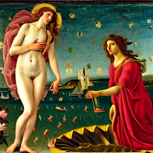 Image similar to Portrait of Keira Knightley as Venus in the painting The Birth of Venus, by Sandro Botticelli, Tempera on canvas, Clamshell