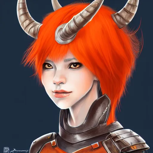 Prompt: illustrated realistic portrait female ORANGE SKIN prong-horned kobold with blue bob hair and solid dark eyes wearing strap leather armor by rossdraws