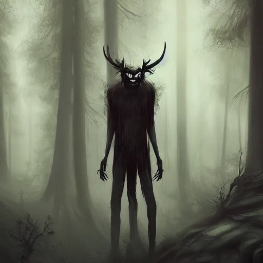 Prompt: A scary wendigo creature behind a man in a dark forest, eerie, scary, horror, digital art, artstation, WLOP, Mandy Jurgens
