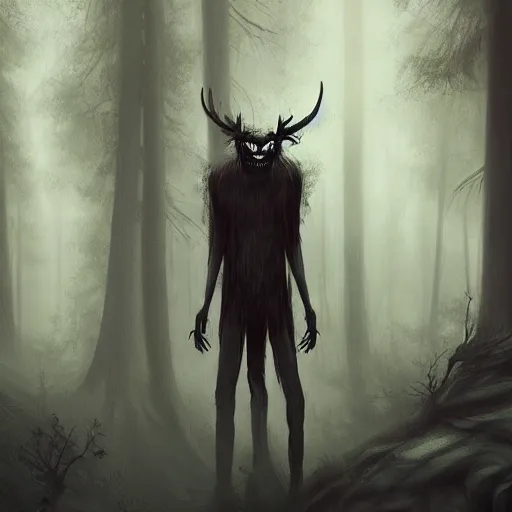 A scary wendigo creature behind a man in a dark | Stable Diffusion