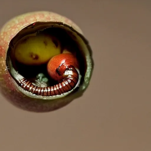 Image similar to a worm crawling out of an apple, epic, cinematic