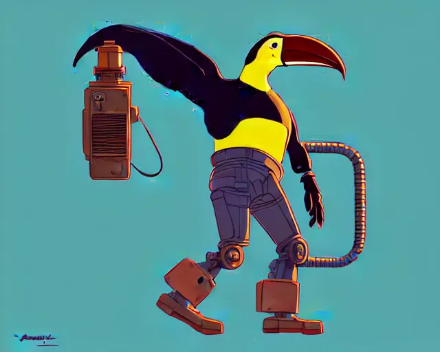 Image similar to a study of cell shaded cartoon of a mechanized toucan with a tank treads, and a human head, illustration, wide shot, subtle colors, post grunge, concept art by josan gonzales and wlop, by james jean, Victo ngai, David Rubín, Mike Mignola, Laurie Greasley, highly detailed, sharp focus, alien, Trending on Artstation, HQ, deviantart, art by artgem