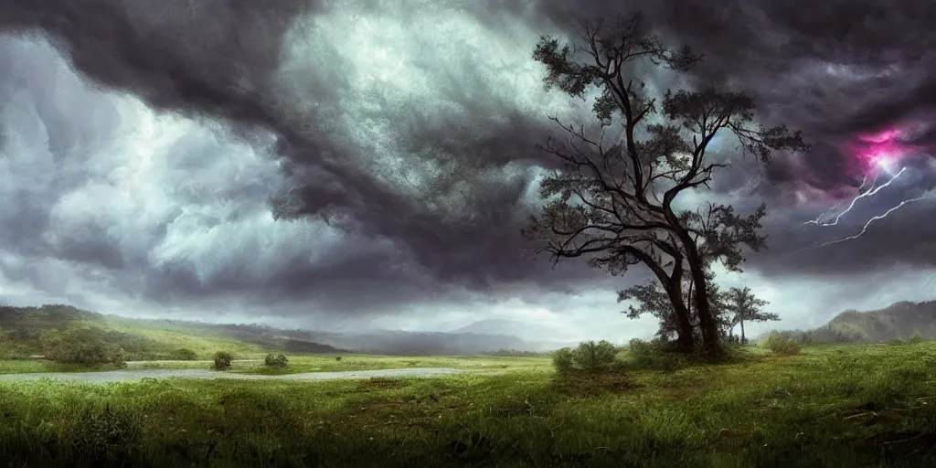 Image similar to A tornado in a beautiful scenic landscape, nature, trees, wide angle, super highly detailed, professional digital painting, artstation, concept art, smooth, sharp focus, no blur, no dof, extreme illustration, Unreal Engine 5, Photorealism, HD quality, 8k resolution, cinema 4d, 3D, beautiful, cinematic, art by artgerm and greg rutkowski and alphonse mucha and loish and WLOP