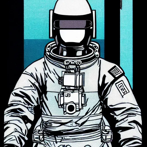 Image similar to cyberpunk japanese man with long limbs and a black spacesuit on a spacewalk, techwear, Industrial Scifi, detailed illustration, character portrait, by Martin Grip and Moebius