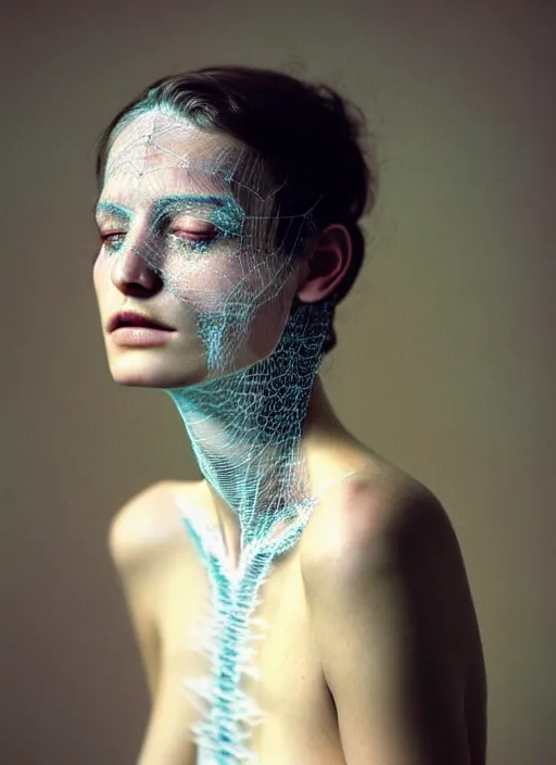 Image similar to Kodak Portra 400 of a beautiful woman, highly detailed, young robin write style 3/4 , fine art portrait photography by Paolo Roversi, face and body merging with opalescent spiderwebs with drops, elegant bust and neck with intricate spiderwebs details, symbolic metamorphosis complex 3d render , 150 mm lens, art nouveau fashion embroidered, elegant, hyper realistic, ultra detailed, octane render, soft colours scheme, emotionally evoking, head in focus, fantasy, soft blur background light, volumetric lighting, Refined, Highly Detailed, fine art fashion magazine style, 8k post production