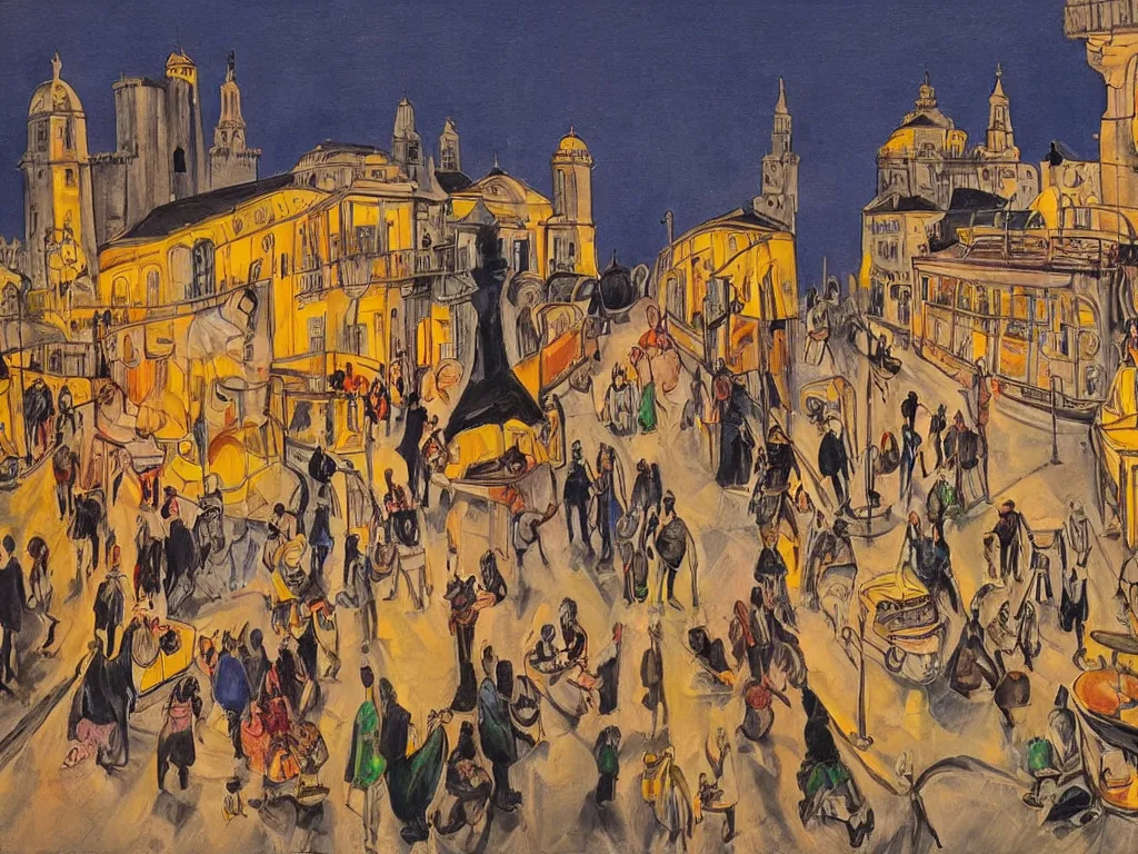 Image similar to nightlife in lisbon, feminist view, lisbon city at night, art in the style of paula rego