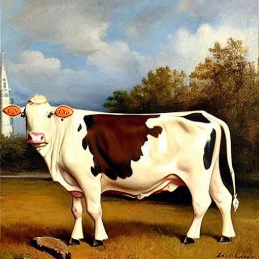 Prompt: painting by zorn, cow wearing clothes!!! standing next to royal castle!!!