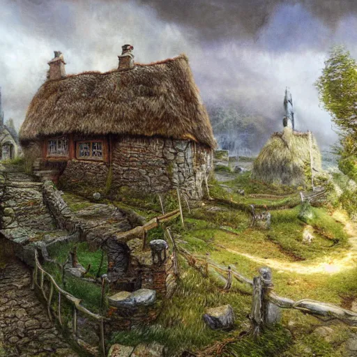 Prompt: a small fantasy village on the edge of the woods, by alan lee, lord of the rings, smooth, detailed terrain, oil painting, matte painting, concept art, trending on artstation