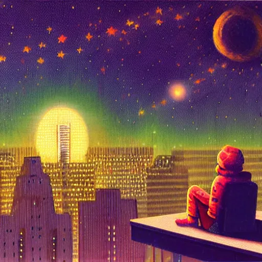 Prompt: a kid in a big city, sits on a rooftop, watches a beautiful night full of stars and tech buildings, detailed, by paul lehr