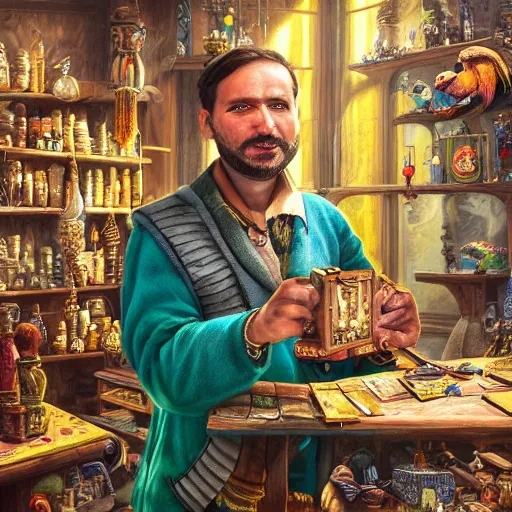 Prompt: A Anthropomorphized parrot trader in his shop, selling his wares, portrait, items, gold, carpet, window, sly expression, cunning expression, presenting wares, holding a gold bag, D&D, fantasy, cinematic lighting, highly detailed, digital painting, artstation, concept art, smooth, sharp focus, illustration, warm light, cozy warm tint, magic the gathering artwork, volumetric lighting, 8k, art by Akihiko Yoshida, Greg Rutkowski