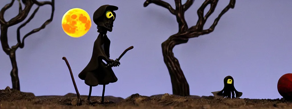 Prompt: Grim reaper in a park at night with a large blood moon in the distance, wide shot, claymation, by tim burton