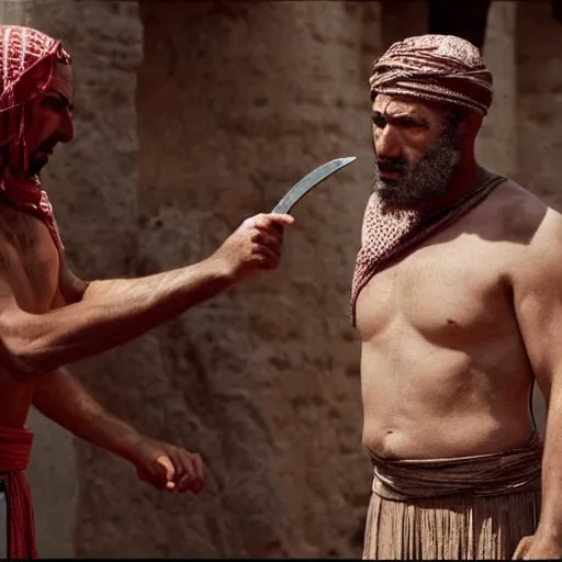 Prompt: cinematic still of angered middle eastern skinned man in ancient Canaanite clothing stabbing another middle eastern skinned man in ancient Canaanite clothing, Biblical epic by Christopher Nolan