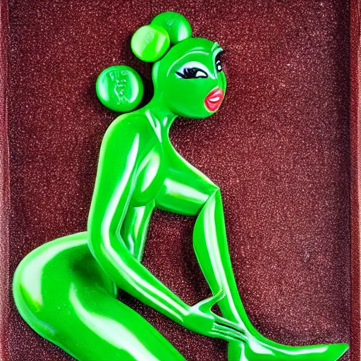 Image similar to full body portrait of green m & m posing seductively, candy, high heels, elegant, smooth, sharp focus, hyper detailed
