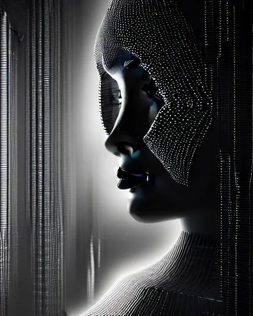 Prompt: black and white high quality photo of a female AI-queen-dragon-meshes-cyborg looking into a sci-fi mirror, volumetric lighting, brutalism, foggy, dreamy, hyperdetailed, bokeh, photorealistic, cinematic, masterpiece, elegant, dark, in the style of Horst P. Horst, octane render, 8K,