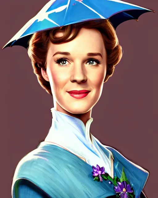 Image similar to Julie Andrews Mary Poppins from Disney 1964 smiling and looking to the side, D&D, fantasy, intricate, elegant, highly detailed, digital painting, artstation, concept art, matte, sharp focus, illustration, hearthstone, art by Artgerm and Greg Rutkowski and Alphonse Mucha