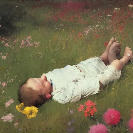 Prompt: a boy laying in a field with flowers growing from his chest. By Ruan Jia. Makoto shinkai. Norman Rockwell.