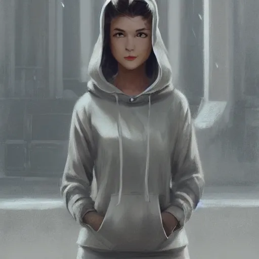 Image similar to a highly detailed epic cinematic concept art CG render digital painting artwork costume design: a 1950s girl in a 1950s grey hoodie. By Greg Rutkowski, Ilya Kuvshinov, WLOP, Stanley Artgerm Lau, Ruan Jia and Fenghua Zhong, trending on ArtStation, made in Maya, Blender and Photoshop, octane render, excellent composition, cinematic atmosphere, dynamic dramatic cinematic lighting, aesthetic, very inspirational, arthouse