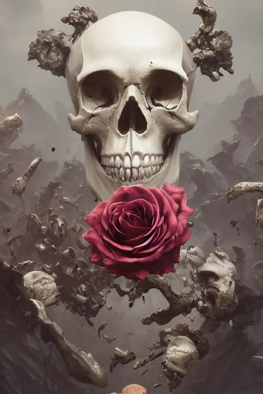 Prompt: skull bust, technology vs nature, split in half, falling out of the face, roccoco roses, beautiful natural soft light, unreal engine, octane render, photorealistic by michael komarck, greg rutkowski, victo ngai, artgerm, willem claesz heda and j. dickenson