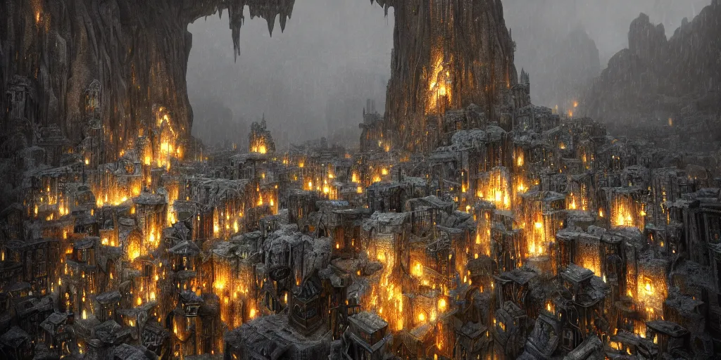 Image similar to A shining dwarven city made out of intricately carved stone in a dark cavern, rainy, dark and gloomy atmosphere, fantasy digital art, octane render, beautiful composition, trending on artstation, award-winning photograph, masterpiece