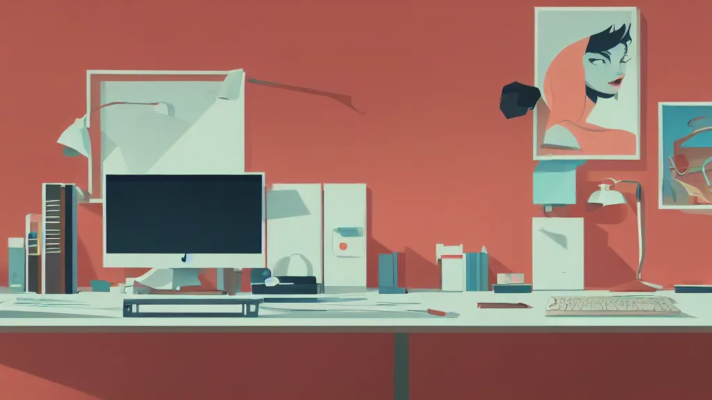 Prompt: stylized retro minimalist design, the desk of a famous web designer working with apple computer, loftis, cory behance hd, by moebius, makoto shinkai and lois van baarle, ilya kuvshinov, rossdraws global illumination