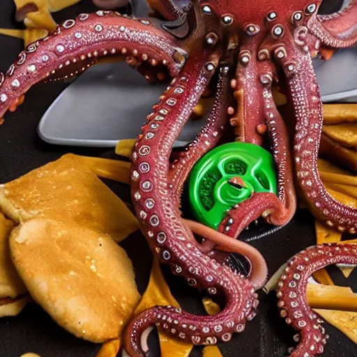 Image similar to octopus made of steel eating fastfood, 5 5 mm