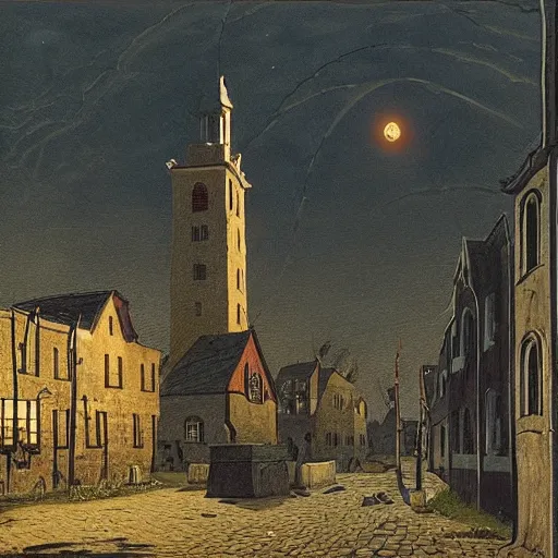 Image similar to zombies, innsmouth, fishing town, church, night, dramatic light, lovecraft, painted by caspar david friedrich