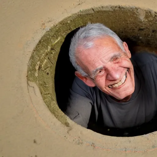 Image similar to a poorly lit smiling old man in a sewer