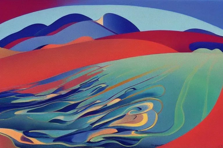 Image similar to A wild, insane, modernist landscape painting. Wild energy patterns rippling in all directions. Curves, organic. Saturated color. Mountains. Clouds. Rushing water. Wayne Thiebaud.