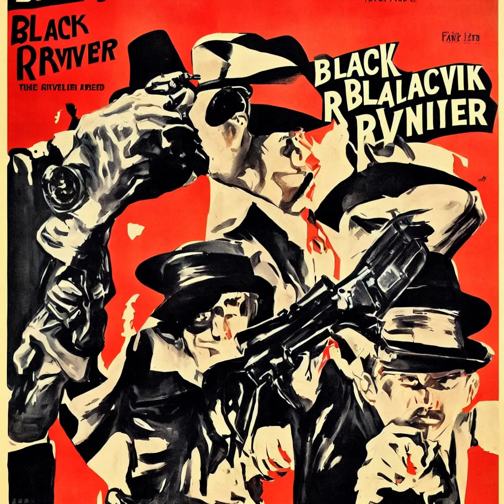 Image similar to black revolver in a hand, retro movie poster