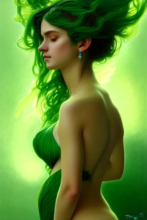 Image similar to beautiful nymph goddess sideways full body portrait, bright green eyes, by terry o'neill intricate, elegant, highly detailed, digital painting, glistening skin, artstation, concept art, smooth, sharp focus, volumetric lighting, sensual, natural, illustration, art by artgerm and greg rutkowski and alphonse mucha, 8 k