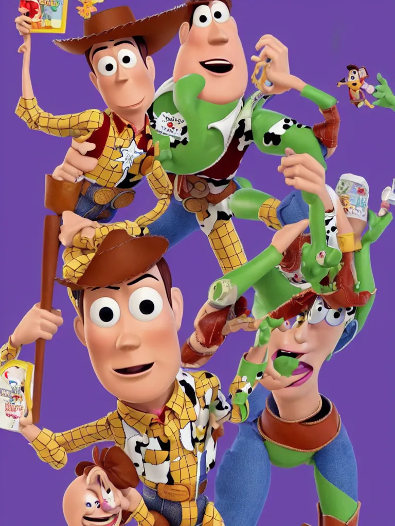 Prompt: woody from toy story, wearing sexy lingerie, seductive, drag queen, smoking cigarette and drinking cocktails, snorting cocaine, smoking bong, hallucinating, drunk, stains, fighting chaos, acting like a prostitute, evil, angry, sad, in the style of pixar, children's tv show