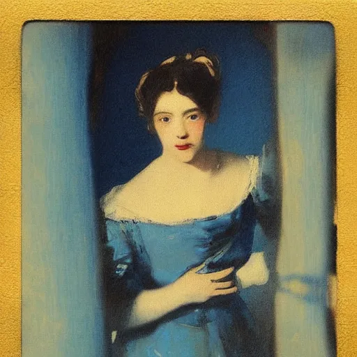 Image similar to an elegant girl in a liminal abandoned room, blue and gold, old polaroid by goya, by velazquez, digital painting, jugendstil, art noveau, strong lights, flat colors, pastel colors, highly detailed,