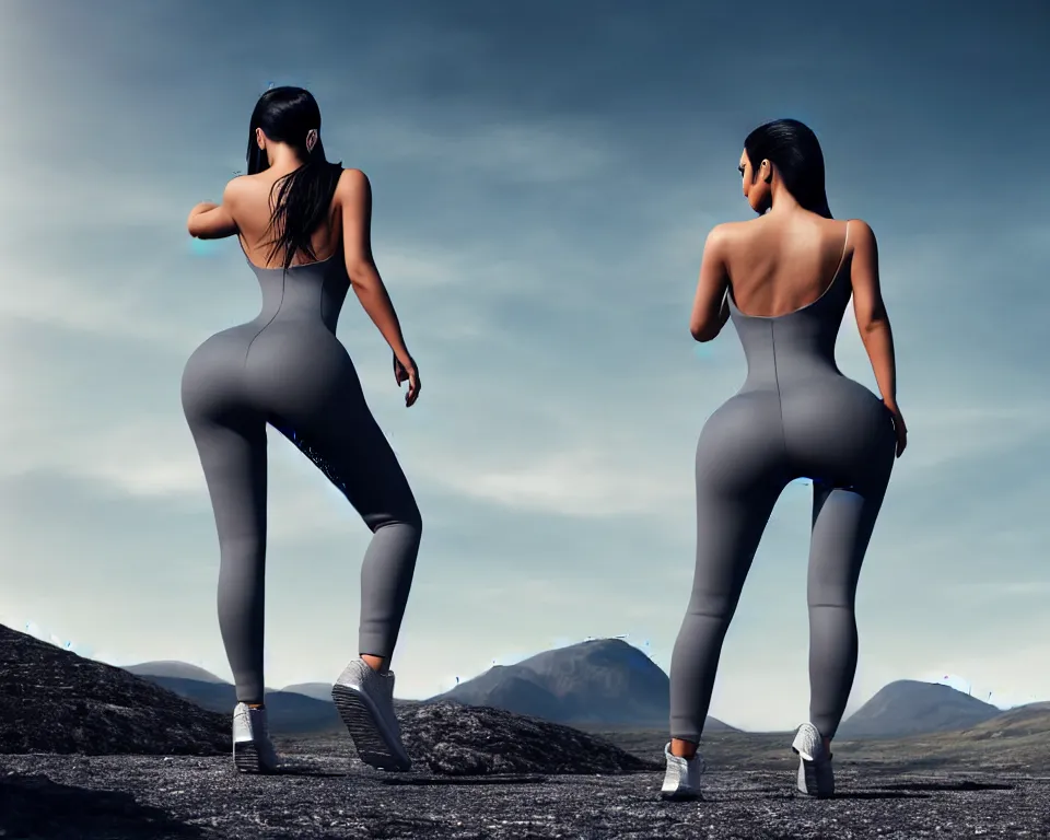 Image similar to kim kardashian, centered full body rear-shot, pov from rear, in skintight grey sportswear, real photo, photoshooting, studio light, Irish mountains background, intricate, epic lighting, cinematic composition, hyper realistic, 8k resolution, unreal engine 5