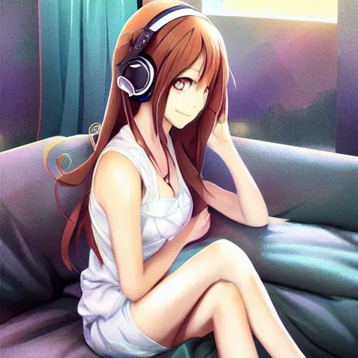 Prompt: anime beautiful girl sits on the sofa and listens to music, the sun shines through the window, clear face, highly detailed, 8 k, pixiv, in style of kyoto animation, art by artgerm and cushart krenz