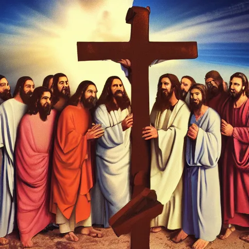 Prompt: a photo of jesus of nazareth and his 1 2 apostles taken with a selfie stick in front of a cross