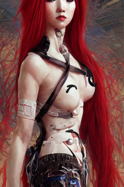 Image similar to > professional dynamtic portrait of female an agile geisha cyberpunk in a dynamic pose , armor elements , long red hair, beautiful bone structure, symmetrical facial features, intricate, elegant, digital painting, concept art, smooth, sharp focus, illustration, by Ruan Jia and Mandy Jurgens , and mucha, and Artgerm and William-Adolphe Bouguerea