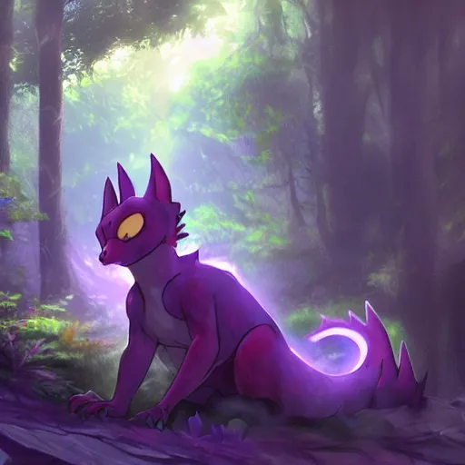 Image similar to concept art painting of an anthropomorphic purple anime furry dragon, in the deep forest, realistic, detailed, cel shaded, in the style of makoto shinkai and greg rutkowski and james gurney