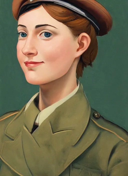 Image similar to portrait bust of young woman with light brown hair and hazel eyes dressed in a sharp dark teal military uniform with beret, saluting, smiling at camera, ilya kuvshinov