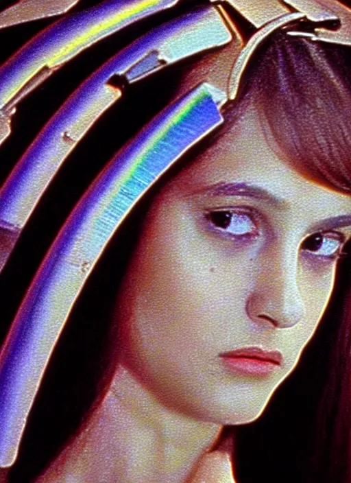 Image similar to 1971 film still from an Italian drama film of a young French actress as the goddess of razor blades. ultra detailed painting at 16K resolution and amazingly epic visuals. epically beautiful image. amazing effect, image looks gorgeously crisp as far as it's visual fidelity goes, absolutely outstanding. vivid clarity. ultra. iridescent. mind-breaking. mega-beautiful pencil shadowing. beautiful face. Ultra High Definition. godly shading. amazingly crisp sharpness. photorealistic film cel processed twice..