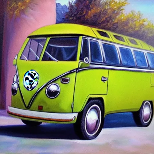 Image similar to a oil painting of a front view vw bus