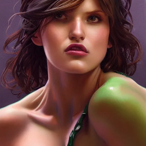 Image similar to ultra realistic illustration, bella thorne as shehulk, intricate, elegant, highly detailed, digital painting, artstation, concept art, smooth, sharp focus, illustration, art by artgerm and greg rutkowski and alphonse mucha