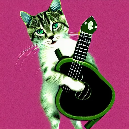 Prompt: variations of Schrodinger's cat playing the ukelele, many-worlds interpretation of quantum reality, digital art,