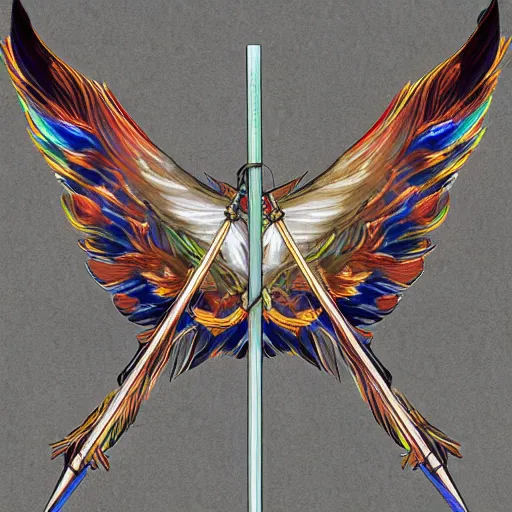 Image similar to medieval weapon, long spear made of feathered wings, prismatic, multi colored feathers, anime style, white background